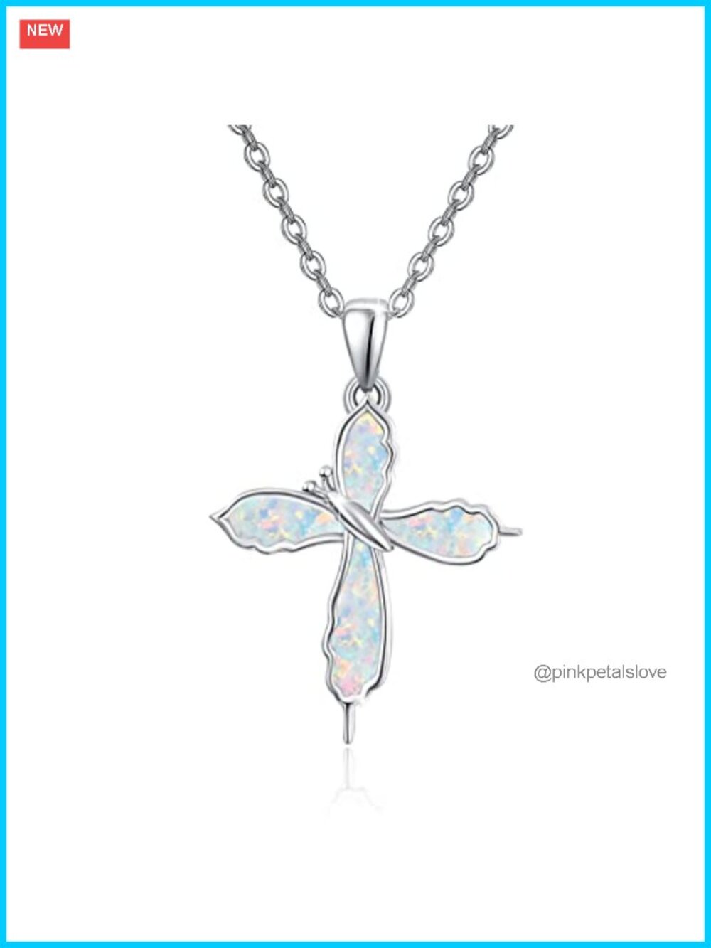 925 Sterling Silver Opal Butterfly Cross Pendant Necklace 18+2in Adjustable